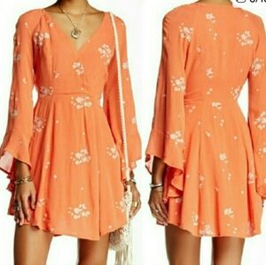 Free People Orange jasmin Floral Long Sleeve Dress Size 2 New With Tag